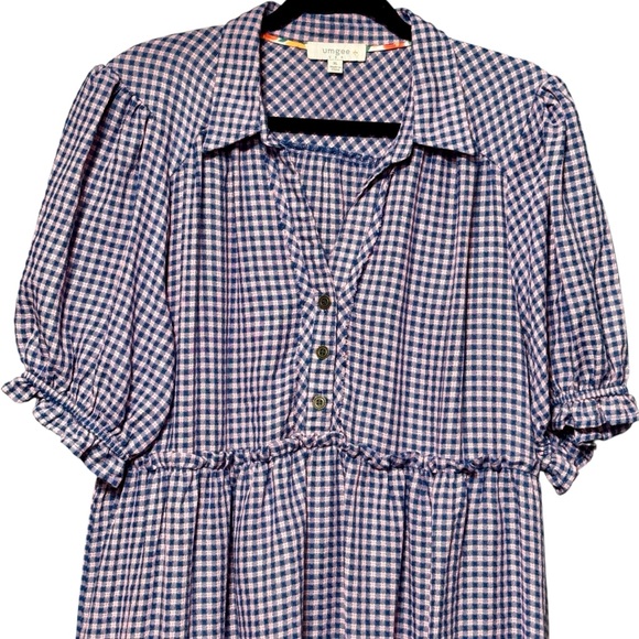 Umgee Gingham Pink and Blue Plaid Ruffled Babydoll Puff Sleeve Cotton Dress XL - Picture 3 of 10